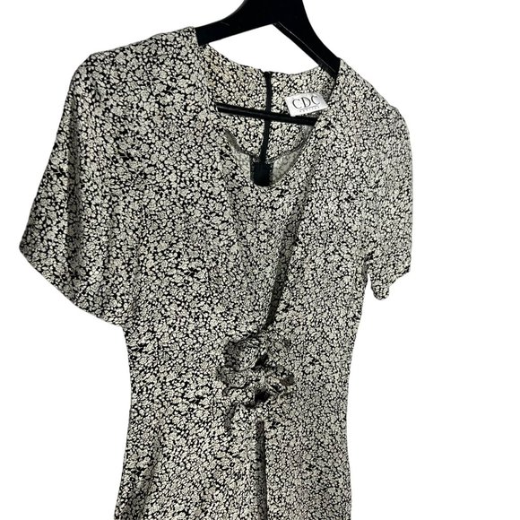 Vintage 90 Black White Micro Floral Short Sleeve Mid Tie Wide Leg Jumpsuit Small - Picture 3 of 10